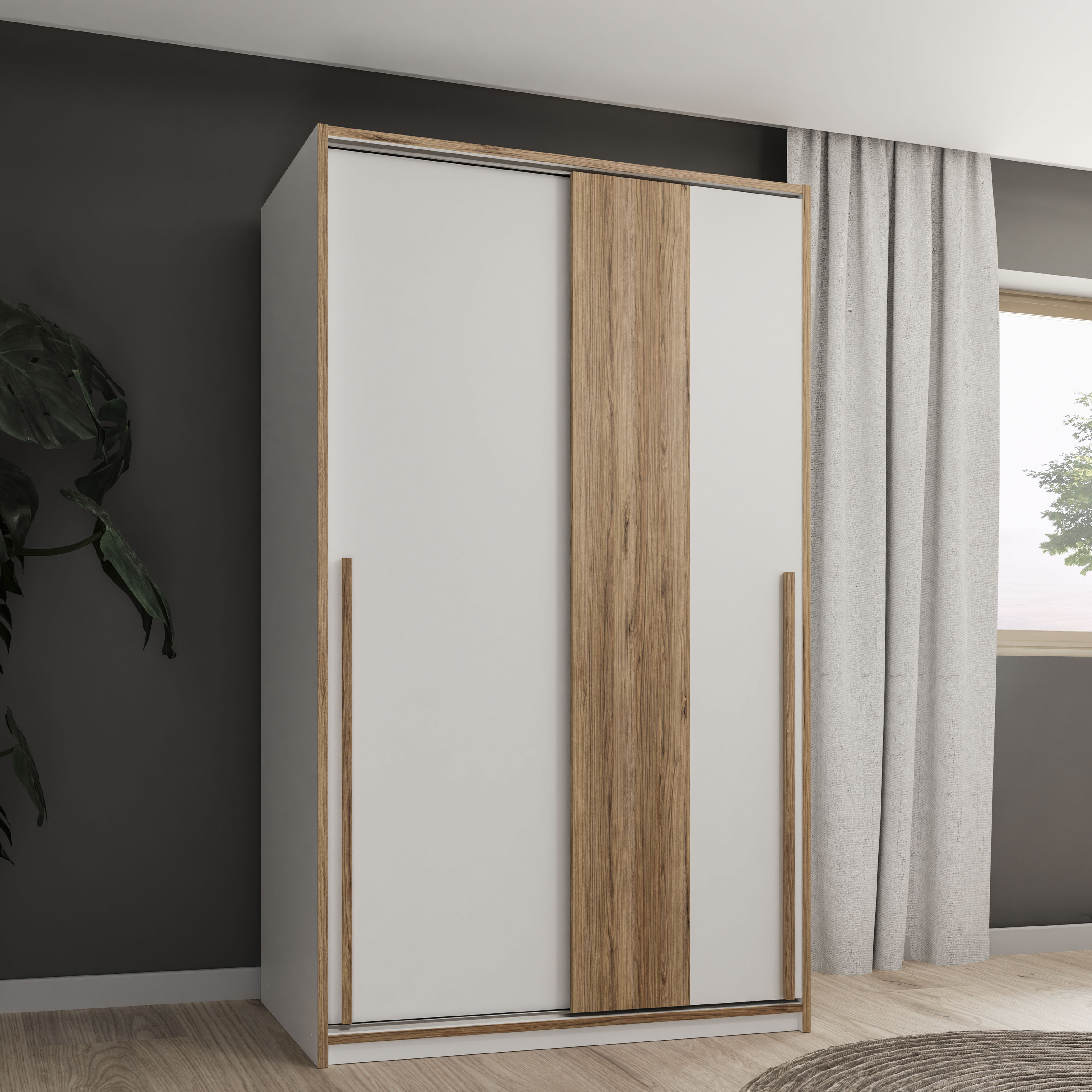 Schwebetürenschrank FORTE "Skandinavisches Design, Holzoptik kombiniert mit Weiß", weiß, B:118,8cm H:215cm T:57,4cm, Spanplatte, Schränke, ideal für kleine Räume, passend zum Schrankbett, 2 Einlegeböden Image