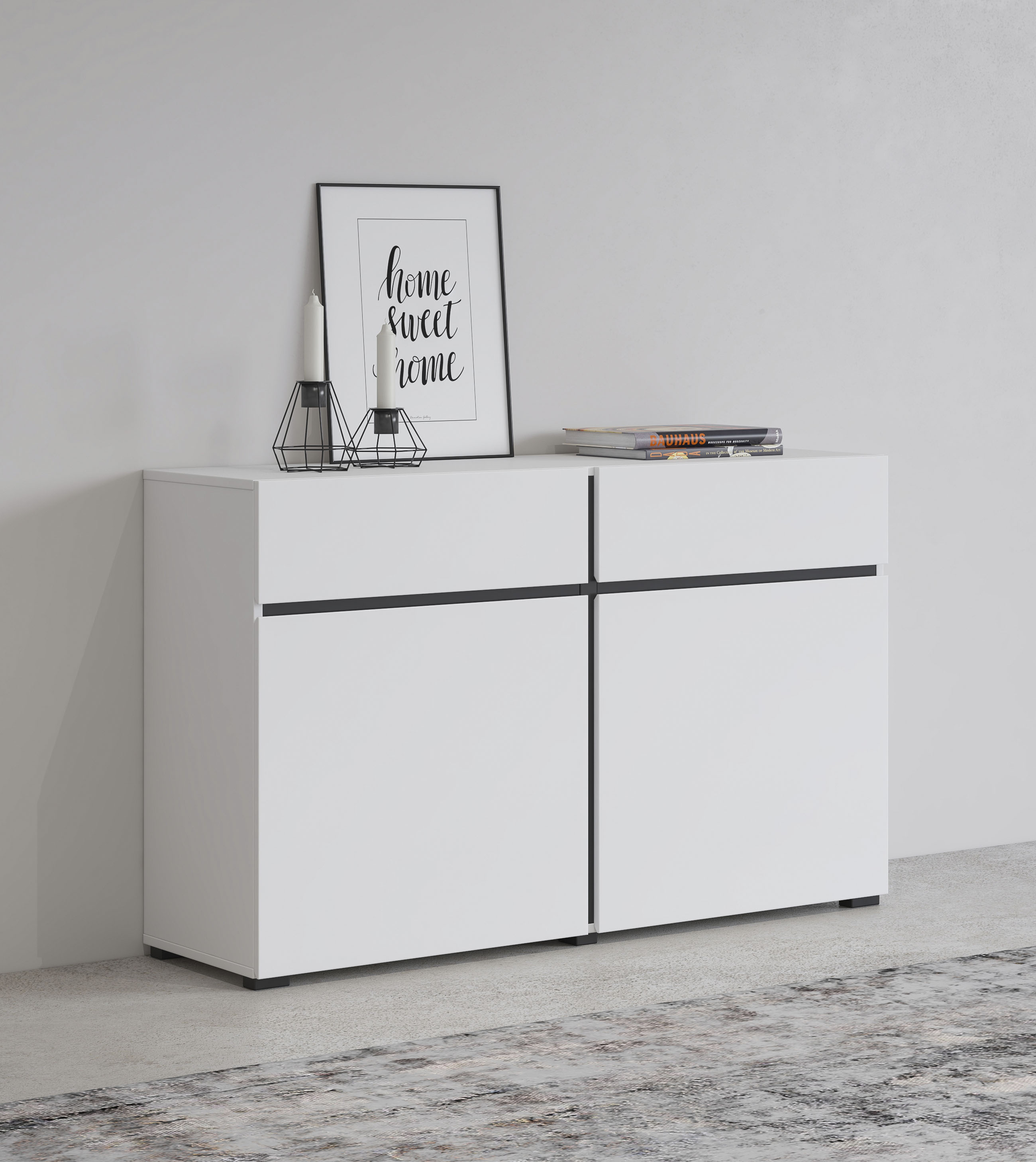 Sideboard OTTO HOME "Cross,Breite 119,5 cm, moderne grifflose Kommode,2 Türen/2 Schubkästen", schwarz-weiß (weiß, schwarz), B:119,5cm H:78,3cm T:40cm, FSC-zertifizierter Holzwerkstoff, Melamin, Sideboards, Sideboard, Schubladenschrank,Anrichte mit...