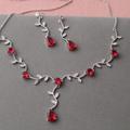 Silver Red Teardrop Bridal Necklace & Earrings, Crystal Leaf Wedding Jewelry Set , Jewelry For Brides Prom