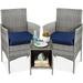 3-Piece Outdoor Wicker Conversation Bistro Set Space Saving Patio Furniture for Yard Garden w/ 2 Chairs 2 Cushions Side Storage Table - Gray/Navy