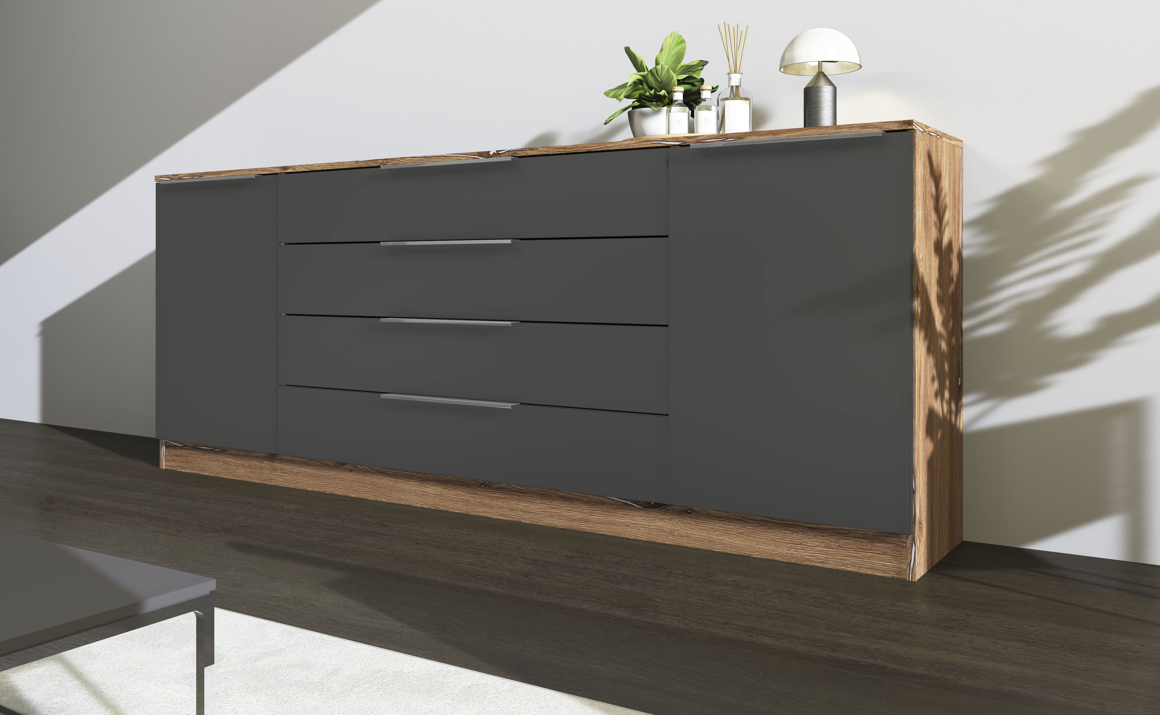 Kommode BORCHARDT MÖBEL "Oliva, Kommode mit Metallgriffen", grau (eichefarben vintage, graphit matt), B:200cm H:78cm T:35cm, Holzwerkstoff, Sideboards, Kommode, Breite 200 cm, mit 4 Schubkästen