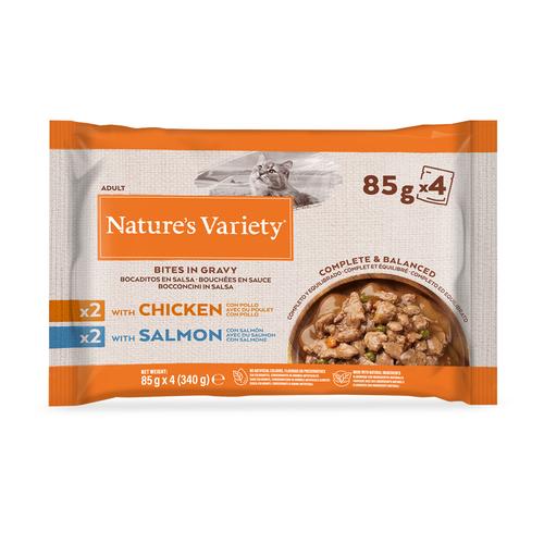 44x 85g Nature's Variety Bites in Soße mit Huhn & Lachs Katzenfutter nass