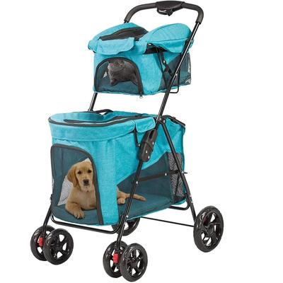 Hooded Peak Top Window Portable Folding Pet Stroller, Large 4 Wheels Travel Dog Cage Stroller for Pet Cat, Kitten, Puppy - N/A