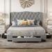 Upholstered Platform Bed with Tufted Headboard and 3 Drawers, Velvet Fabric, Queen Size