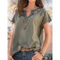 Women V-neck Floral Embroidered Boho Short Sleeve Tops, Army Green / L