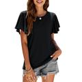 Women's Summer Round Neck Ruffle Plain Short Sleeve Casual Loose T-Shirt, Black / M