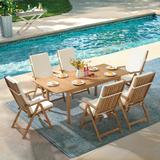 OC Orange-Casual 7 Piece Patio Dining Set Outdoor Acacia Wood Furniture Set Extendable Rectangular Table and 6 Foldable Reclining chairs w/Removeable Cushion FSC Certified for Deck Garden Backyard