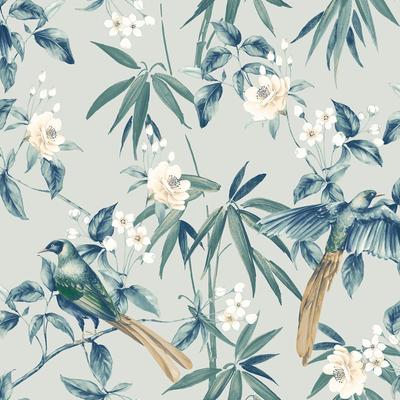 Oriental Floral Birds Grey/Blue Wallpaper