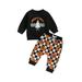Qtinghua Toddler Baby Boys Halloween Clothes Pumpkin Plaid Print Long Sleeve Sweatshirt and Elastic Pants 2Pcs Outfits Black 2-3 Years