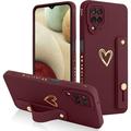 Designed for Galaxy A12 5G Case with Phone Stand Holder Cute Love Hearts Pattern Slim Protective Camera Protection Cover with Wrist Strap for Women Girls for Galaxy A12 5G 6.5 -Wine Red