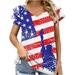 REORIAFEE American Flag T Shirt for Women Patriotic Shirt USA Flag Stars Stripes Print 4th of July Tee Top American Flag Print Tops V-Neck Short Sleeve Blue XL