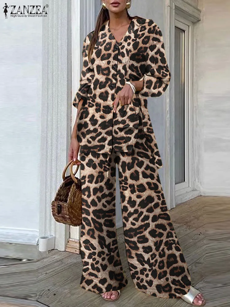 Mode Frauen Leopard Druck Hose Sets ZANZEA Casual Lose Tops und Hose Outfits 2022 Herbst Breit Bein Hose Freizeit Zwei stück Sets Image