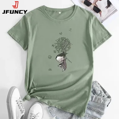 JFUNCY frauen Baumwolle T-shirt Mode Kawaii Harajuku Grafik T Shirts Sommer Kurzarm Weibliche T Tops
