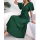 Women Summer Casual V Neck Short Sleeve Pleated Chiffon Maxi Dress Black Red Green Clothing