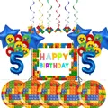 Building-blocks Kids Birthday Party Supplies Balloons Set Baby Shower Paper Plate Pennant Popcorn