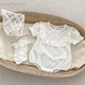 2023 Summer : Simple Versatile newborn Baby Girls Onesie puff Sleeve ruffles 100% cotton jumpsuits