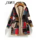 2024 Winter Vintage Women Coat Warm Printing Thick Fleece Hooded Long Jacket with Pocket Ladies