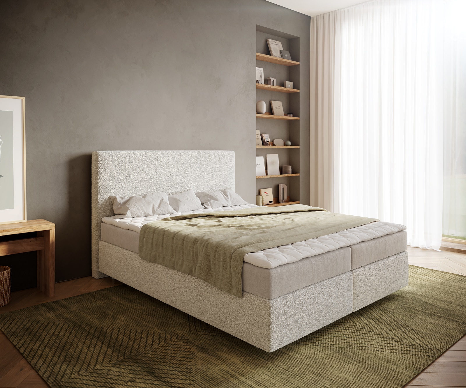 DELIFE Boxspringbett Dream-Well 160x200 cm Bouclé Creme-Weiß mit Matratze und Topper, Boxspringbetten Image