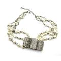 CHANEL Rare Silver Large Bow Crystal 3 Strand Pearl Necklace