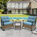 3 Piece Outdoor Rocking Bistro Set PE Rattan Steel Top Table and Rocking Chairs Set Outdoor Conversation Set with Cushions for 2 Persons All-weather Bistro Set for Patio Pool Balcony Pub Cafe