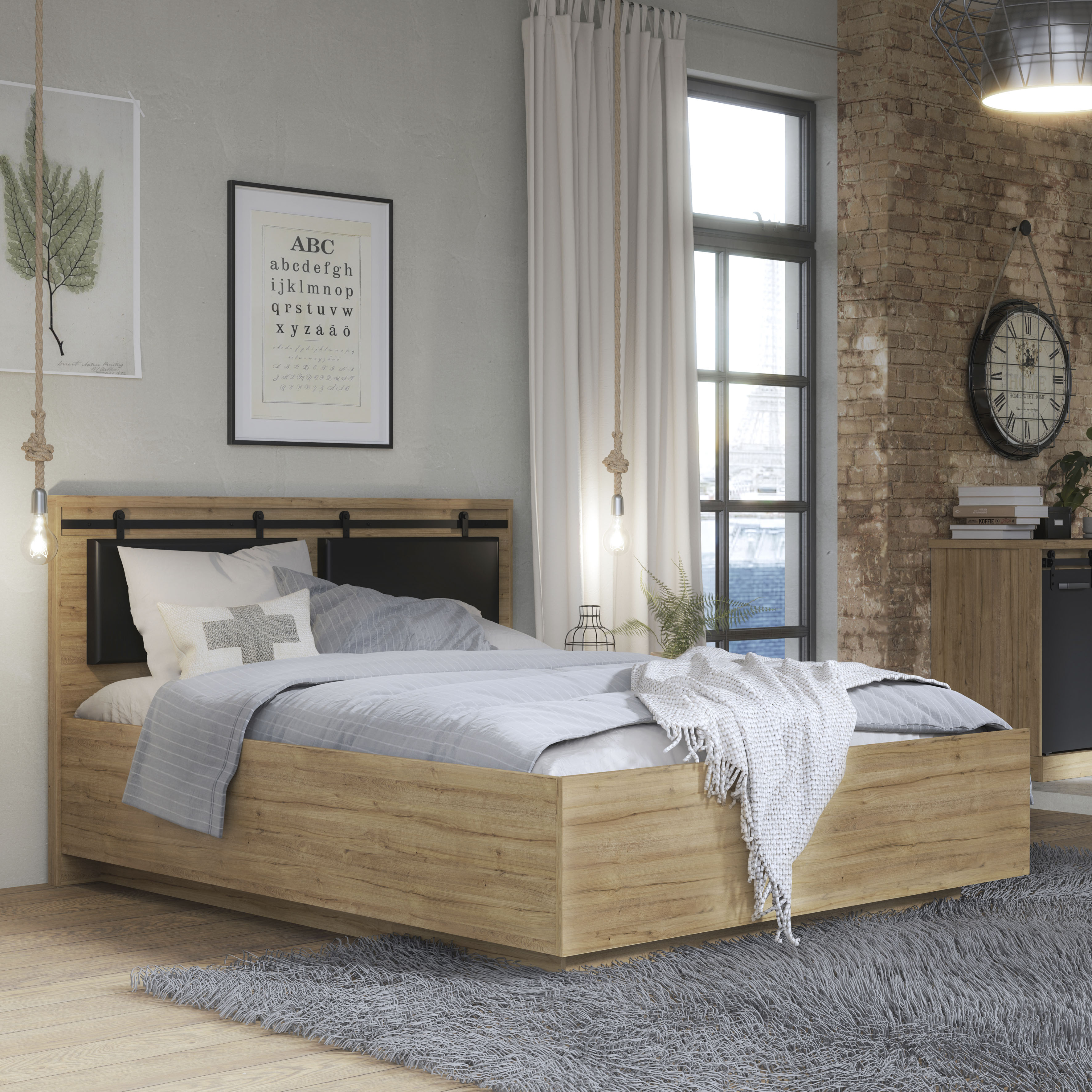 Bettgestell FORTE "Belastbarkeit 240 KG, gepolstertes Kopfteil in moderner Optik", braun (waterford eiche, schwarz, waterford eiche, schwarz, waterford eiche, schwarz), B:169,4cm H:108,7cm L:208,3cm, Betten Image