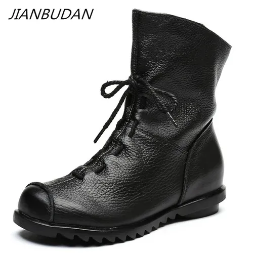 JIANBUDAN/Echtes Leder Plüsch frauen kurze Stiefel Retro Casual Herbst Winter frauen Stiefel