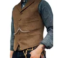 Men's Suit Vest Brown Wedding Wool Tweed Business Waistcoat Jacket Casual Slim Fit Gilet Homme Vests