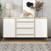 Modern 59" Long Buffet Sideboard with Gold Metal Base and Adjustable Shelves, Entryway Cabinet with 3 Drawers and 2 Doors