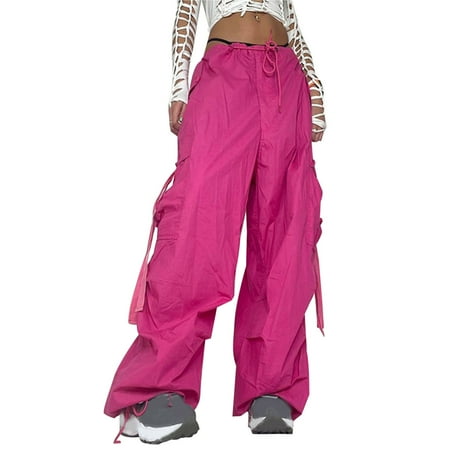 RYRJJ Baggy Parachute Pants for Women Drawstring Elastic Low Waist Ruched Cargo Pants Multiple Pockets Jogger Y2K Streetwear Pants(Pink S)