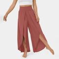 RYRJJ Chiffon Wide Leg Dress Pants for Women Flowy Palazzo Pants Casual Split High Waisted Summer Beach Cropped Trousers with Pocket(Red XS)