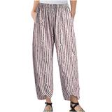 Capri Pants for Women Printed Cotton Linen Wide Leg Pants Plus Size Casual Cropped Lounge Trousers with Pockets