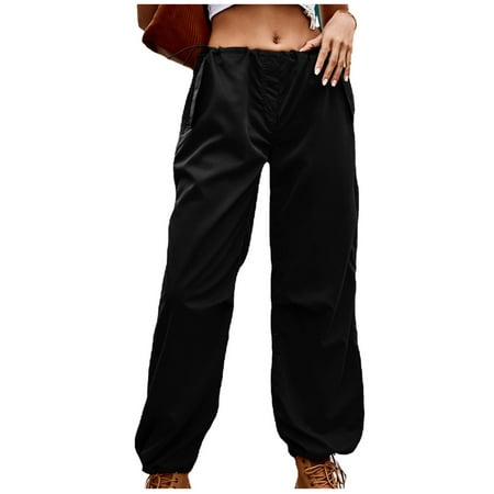 RYRJJ Baggy Parachute Pants for Women Drawstring Elastic Low Waist Ruched Cargo Pants Multiple Pockets Jogger Y2K Streetwear Pants(Black M)