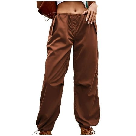 RYRJJ Baggy Parachute Pants for Women Drawstring Elastic Low Waist Ruched Cargo Pants Multiple Pockets Jogger Y2K Streetwear Pants(Brown L)