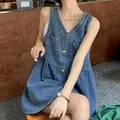 Biyaby-Robe en denim à simple boutonnage pour femmes mini robe trapèze robes à bretelles en fibre