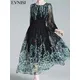 EVNISI-Robe élégante en mousseline de soie noire pour femme col rond manches lanterne impression