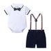 QIPOPIQ Clearance Toddler Boys Short Sleeve Button-up Boys Shirts + Shorts with Suspender Bow Tie Romper Outfit Set