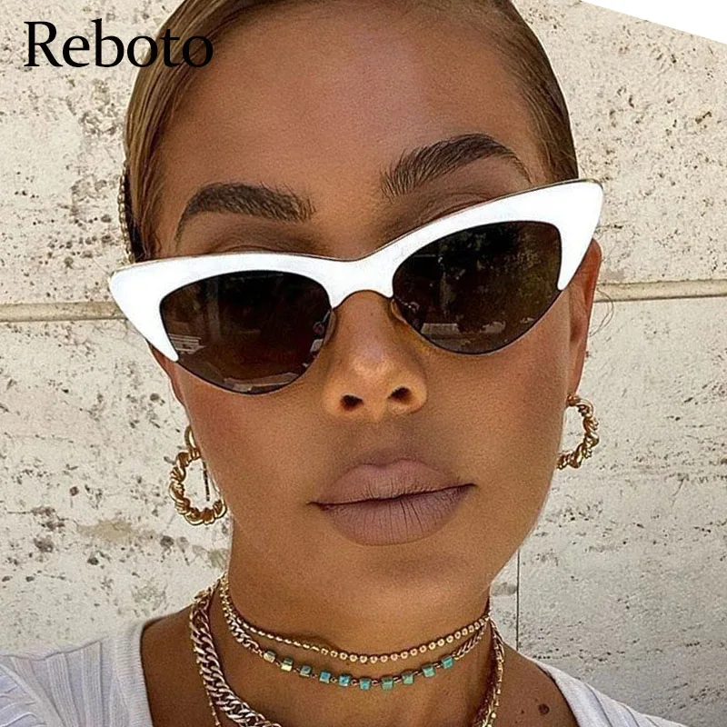 Vintage White Cat Eye Sonnenbrille Für Frauen Vintage Neue Mode Kleine Halb Rahmen Brillen Trend Reise Sexy Frau Sonnenbrille