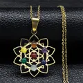 Heilige Geometrie 7 Chakra Metatron Herz Halskette Blume des Lebens Edelstahl Opal Stein Halskette