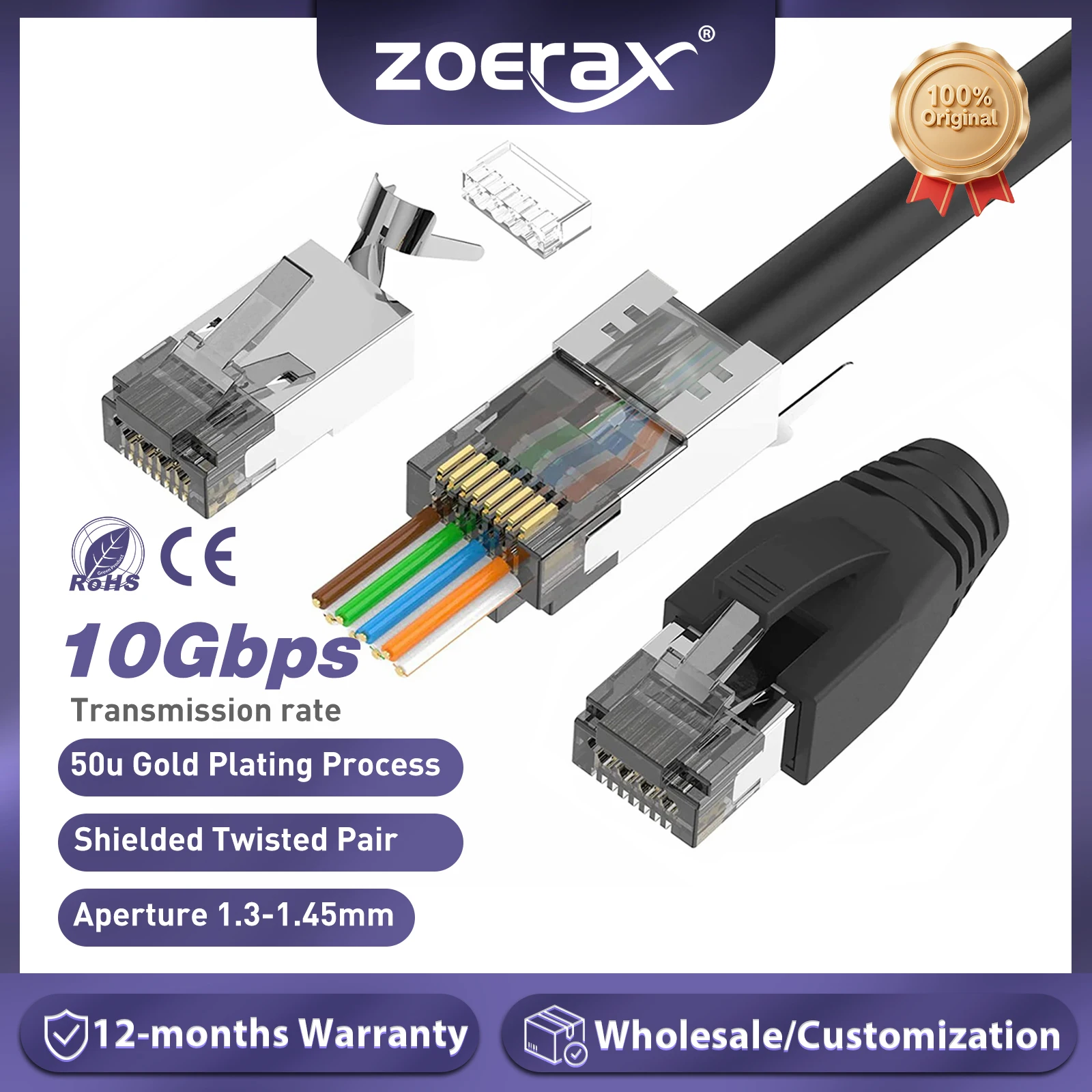 ZoeRax CAT6A CAT7-Stecker, RJ45-Stecker, Durchgang durch CAT6A CAT7, abgeschirmt, 3-polig, mit Zugentlastungsmanschetten, Schwarz Image