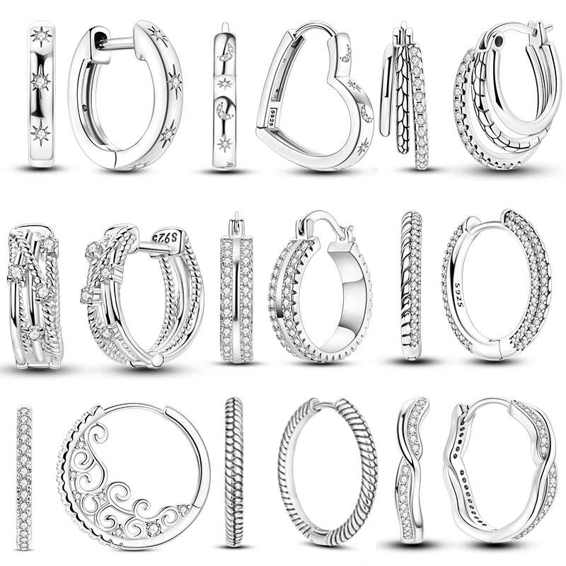 Charms Doppel-Creolen für Frauen, 100 % 925er Silber, kubischer Zirkon, Herz, Stern, Mond, Ohrringe, eleganter Geburtstagsschmuck, Geschenke