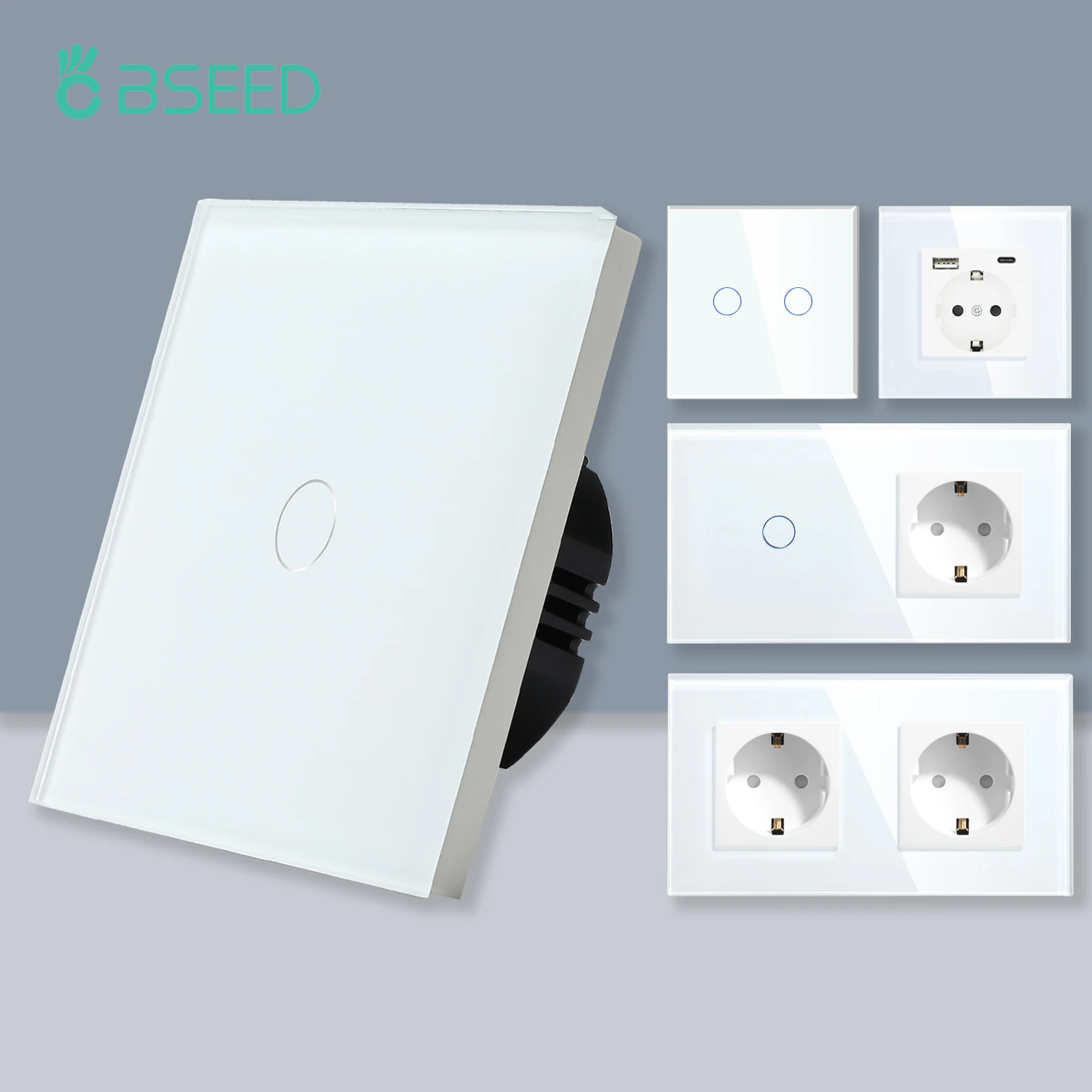 BSEED 1/2/3Gang Touch Licht Schalter 1Way Einfache Sensor Schalter Typ-c USB Steckdosen EU Standard glas Panel Blaue Hintergrundbeleuchtung 10A Weiß Image