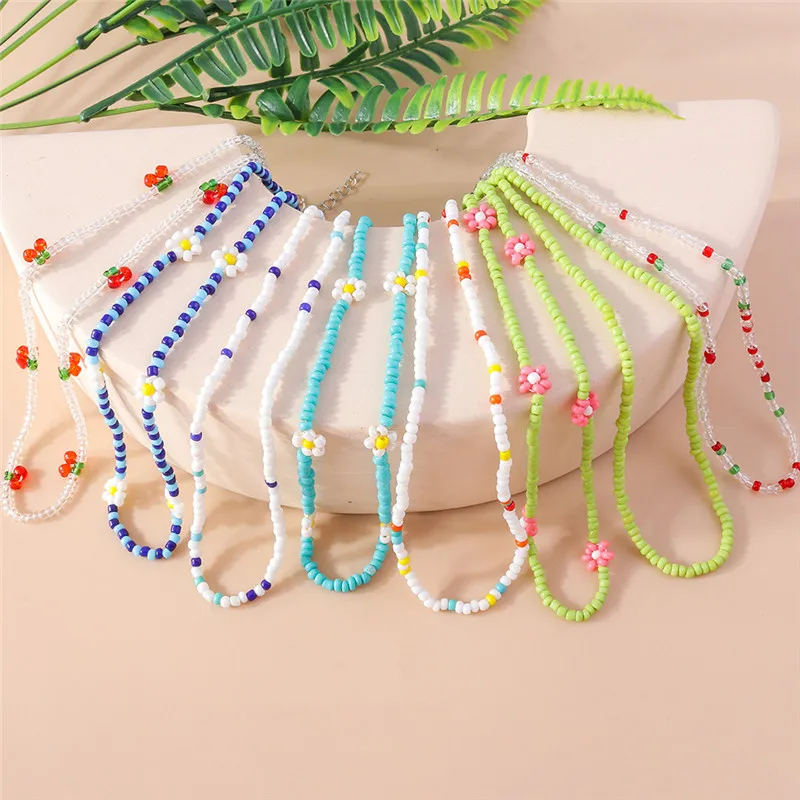 Sommer Boho Korea Schöne Blumen Samen Perlen Halskette Aussage Kurzen Kragen Choker Halskette für Frauen Urlaub Schmuck Geschenke Image