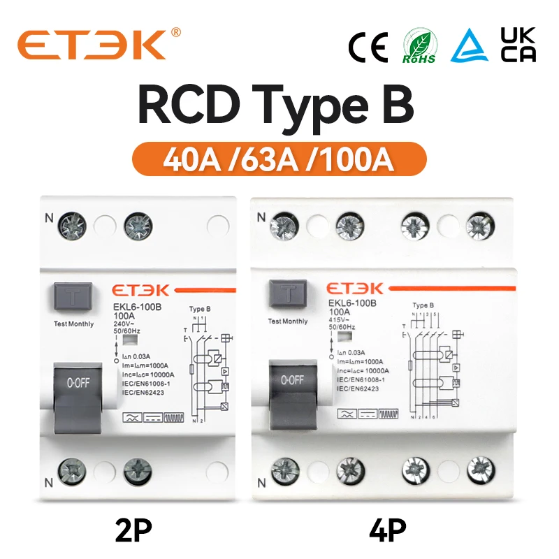 ETEK RCD RCCB Typ B Erde Leckage Fehlerstromschutzschalter Evse 2P 4P AC 40a 63a 100a 30ma EKL6-100B 10KA Din Schiene 220V Image