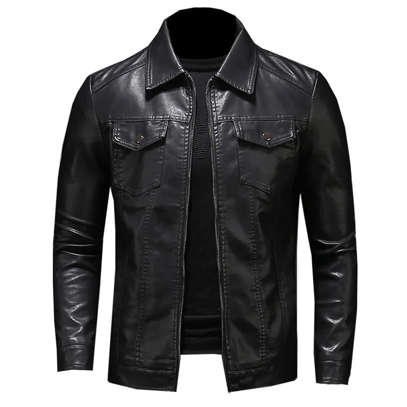 Männer Motorrad Leder Jacke Große Tasche Schwarz Zipper Revers Slim Fit Männlichen Frühling und Herbst Hohe Qualität Pu mantel M-5Xl