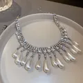 Fyuan Luxus Wasser tropfen Perle Choker Halsketten für Frauen lange Quaste Kristall Halsketten