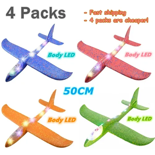 4Packs 50CM Schaum Flugzeug Kits Fliegen Segelflugzeug Spielzeug Mit LED Licht Hand Werfen Flugzeug