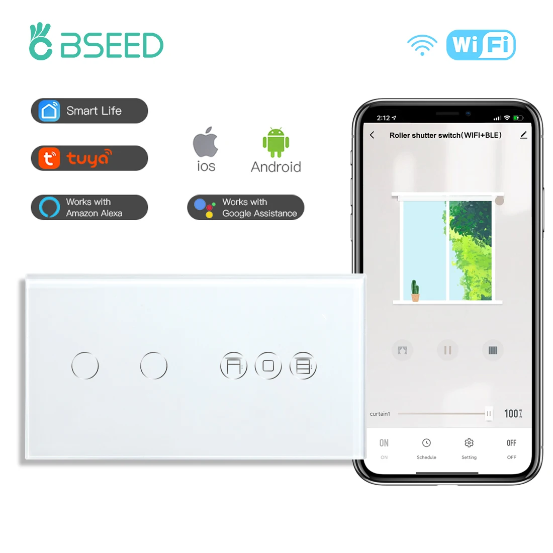 Bseed Wifi Auslöser Schalter Smart Touch Rollo Schalter Smart 1/2/3Gang 1/2/3 weg Touch Licht Schalter app Control Google Alexa Image