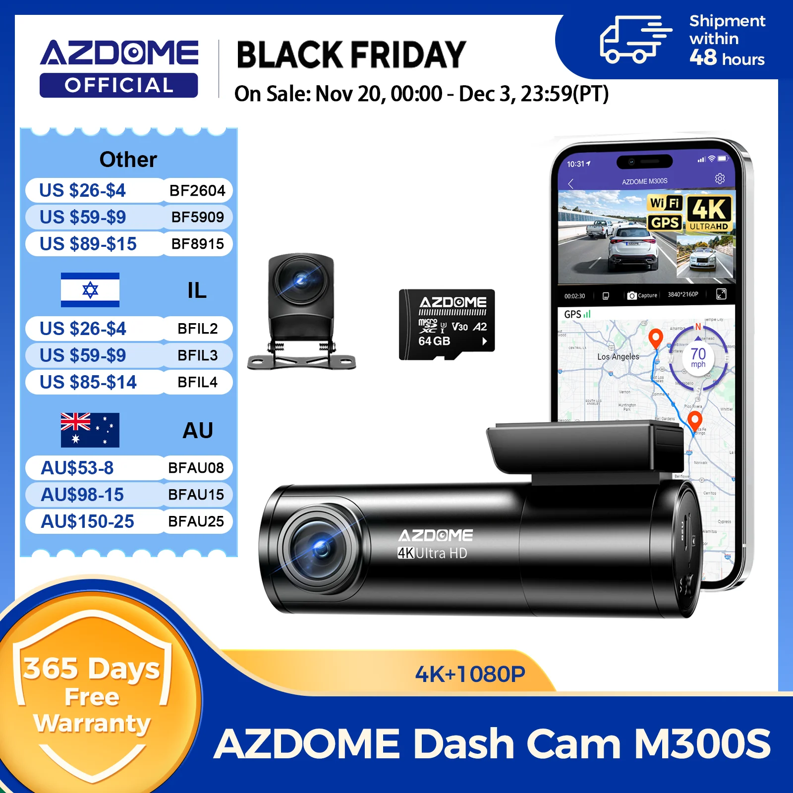 AZDOME M300S Dash Cam 4K+1080P Auto Hinten Kamera Dash Cam 800MP Objektiv Integrierte GPS WIFI Auto DVR Sprachsteuerung Nachtsicht esm Kush Diego Susan