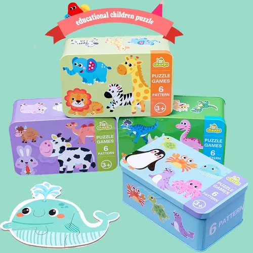 Kinder Kreative Holz Puzzle Eisen Box Kindergarten Baby Frühe Bildung Cartoon Tier Verkehrs Puzzle