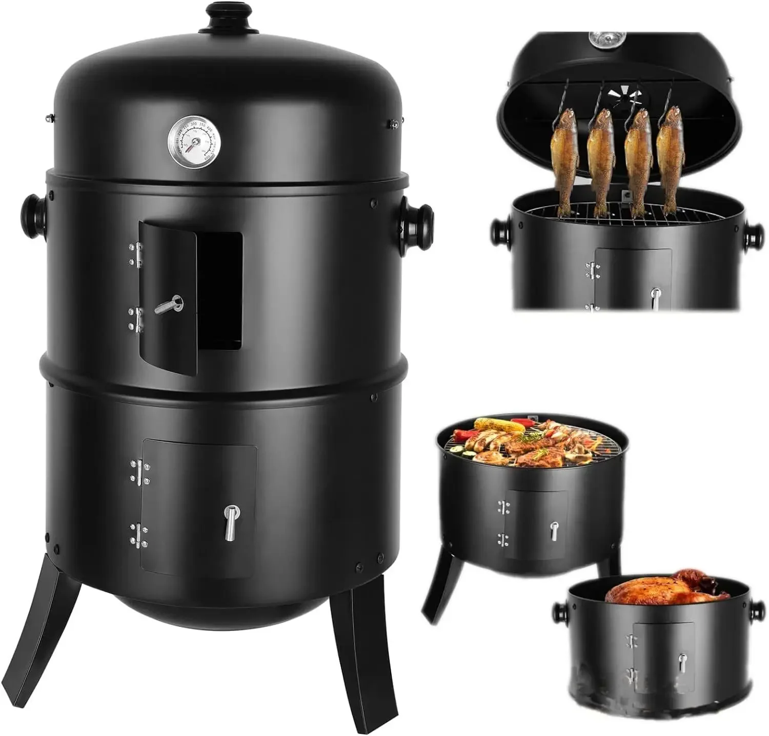 3in1 vertikaler Ø45cm Holzkohle-BBQ-Räucherofen, robuster runder Rauchgrill, Grill-Räucherofen für Kochen im Freien, Thermometer
